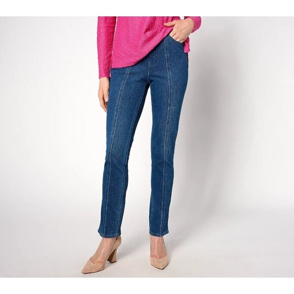 Isaac Mizrahi Live! Regular Knit Denim Straight- Ankle Jeans Dark Indigo,Reg 10 - Picture 1 of 1